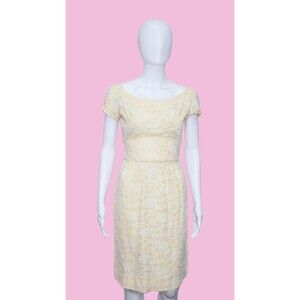 1950s EMMA DOMB CALIFORNIA Yellow &White Lace Short Sleeve Wiggle Dress XS AS IS